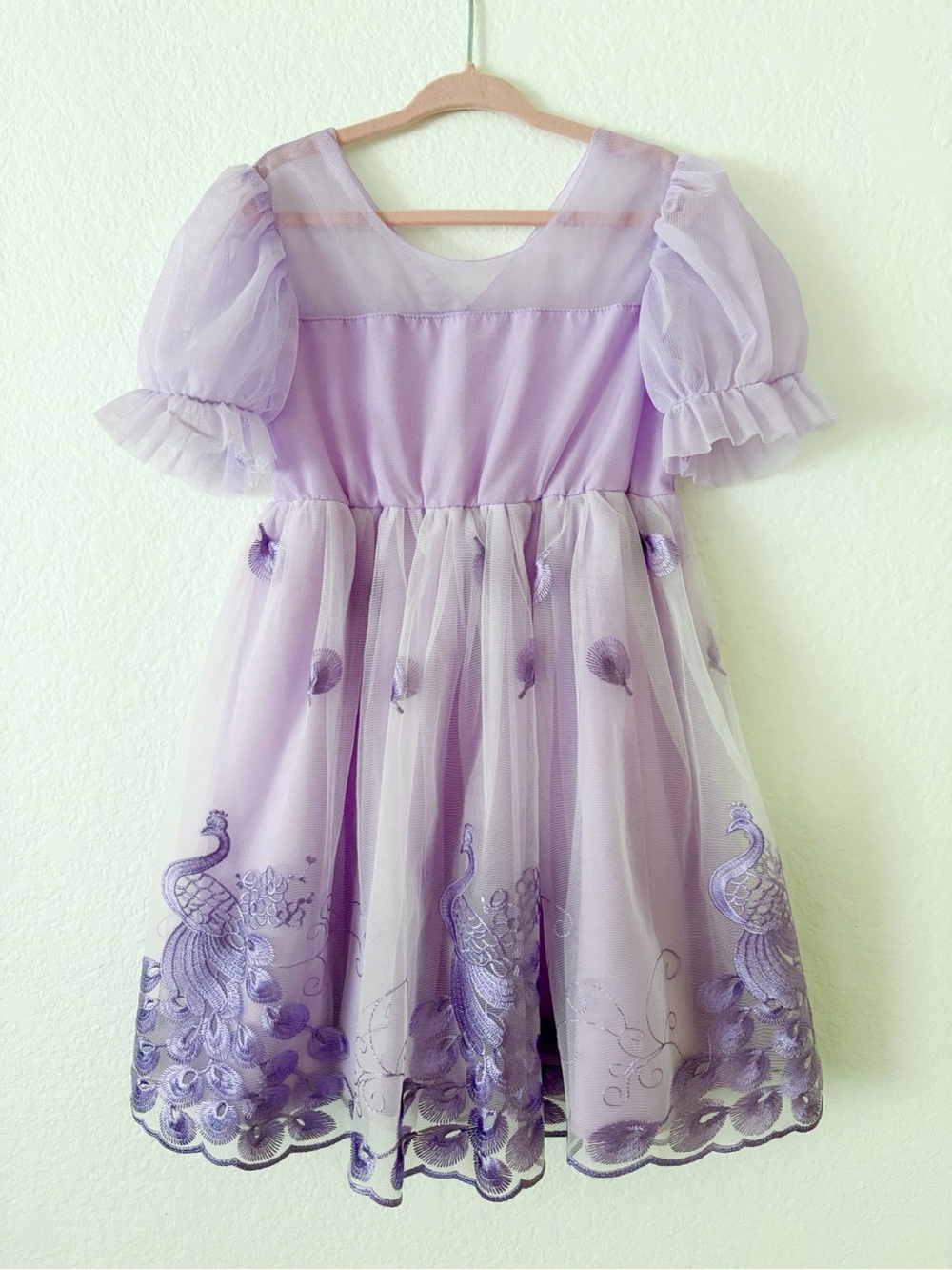 Lavender Embroidered Tulle Peacock Puff Sleeve Dress Girls Size 7/8